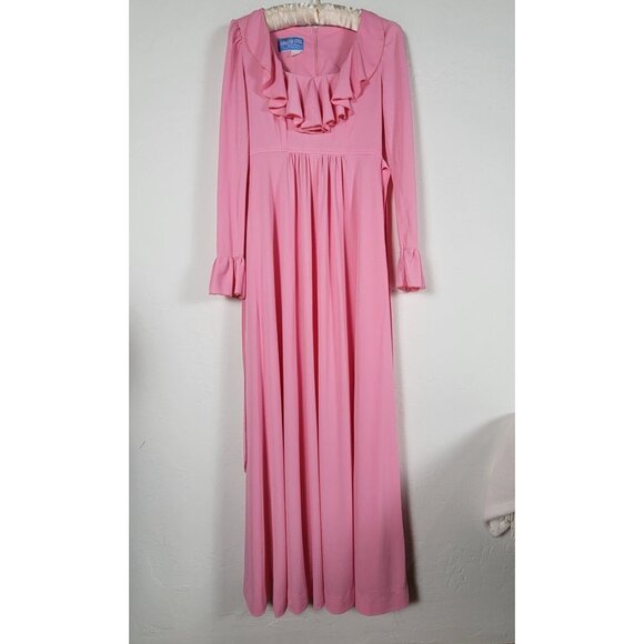 Vintage Kristie Lou Juniors Long-Sleeve Ruffled Maxi Dress Pink Empire Waist - Picture 1 of 10
